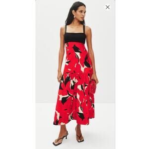 AMUR Black Red Slena Tie Back Floral Print Side Cut-Outs Square Neck Dress sz 8